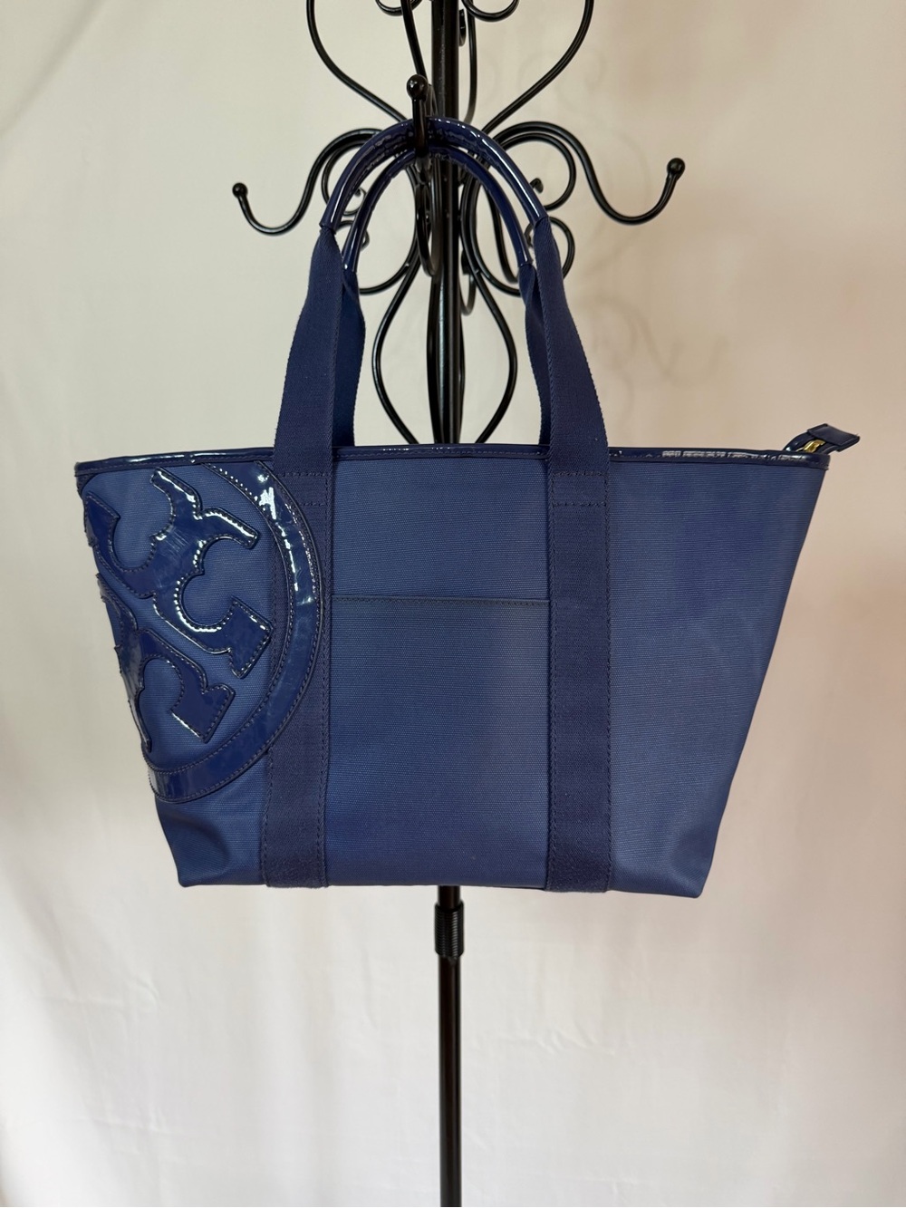 Tory Burch Navy Tote with Patent Logo Detail